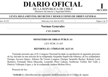Hoy fue publicada en el Diario Oficial la reforma al Código de Aguas